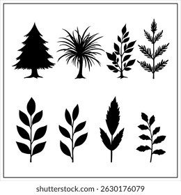 A collection of eight silhouettes of evergreen trees, arranged in a grid format. Each row features distinct designs with varying heights and densities of trees, creating a layered forest effect. 