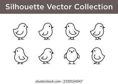Coleção de oito silhuetas de aves simples isoladas sobre fundo branco