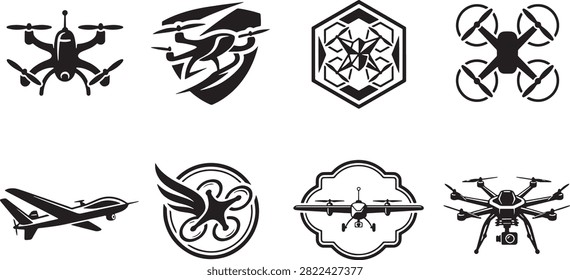 Collection of eight simple black drone and aircraft icons. Includes quadcopter, hexacopter, octocopter, military drone, stealth plane, propeller plane, and two unique flying designs for technology, aviation, or hobby use.