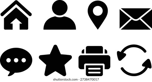 A collection of eight simple black icons representing various common actions and items