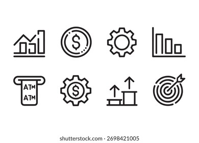 Uma coleção de oito ícones simples de arte em linha preta sobre um fundo branco, representando conceitos financeiros e empresariais, como gráficos de crescimento, moedas, engrenagens e um alvo.