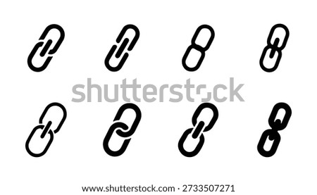 A collection of eight simple black line icons depicting chain links, commonly used as symbols for hyperlinks, connections, or permalinks in digital interfaces