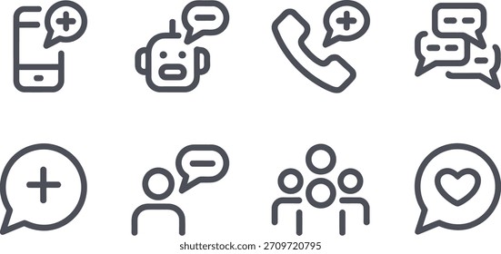 Uma coleção de oito ícones simples e pretos representando vários conceitos de comunicação, como bate-papo móvel, chatbot, chamada, discussão em grupo, adição de contato, feedback do usuário, comunidade e favoritos