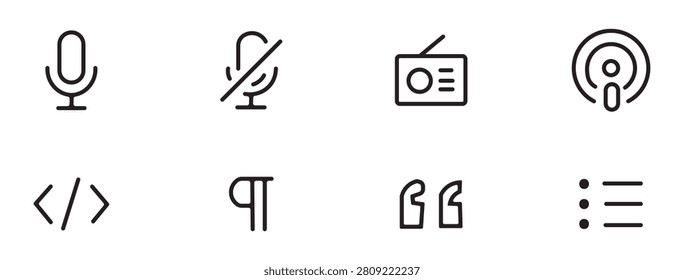Collection of eight simple, black outline icons representing voice commands, coding, settings, and user interface components for digital applications.