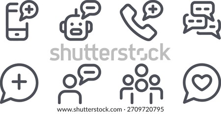 A collection of eight simple, black outline icons representing various communication concepts like mobile chat, chatbot, call, group discussion, adding contact, user feedback, community, and favorite