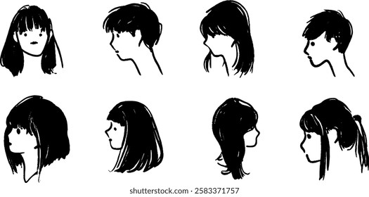 A collection of eight simple black and white illustrations depicting various hairstyles and profiles of heads. The styles include short, medium, and long hair for both genders