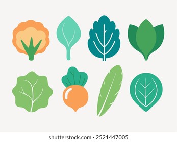 Una colección de ocho ilustraciones simples y coloridas de varios verdes frondosos, perfectas para agregar un toque de naturaleza a sus diseños.  Los gráficos son ideales para proyectos relacionados con la jardinería.