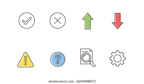 Collection of eight simple icons representing actions and alerts on a white surface vector