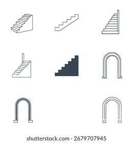Uma coleção de oito ícones de arte de linha simples em um fundo branco. Os ícones retratam várias representações de escadas e arcos.  