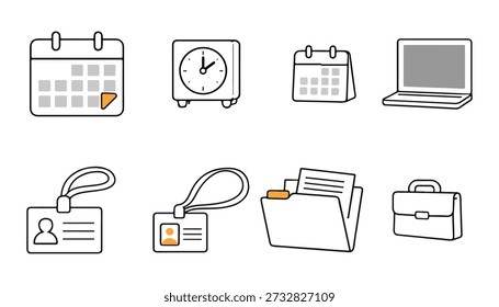 Eine Sammlung von acht einfachen Linien-Kunstsymbolen, die Office- und geschäftliche Elemente darstellen, darunter Kalender, eine Uhr, ein Laptop, ID-Abzeichen, ein Dateiordner und eine Aktentasche.