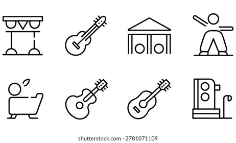 A collection of eight simple line art icons representing various activities and objects like musical