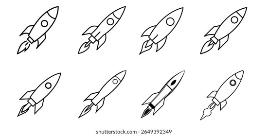 Collection of Eight Simple Rocket Illustrations Line Art Spacecraft Designs for Projects