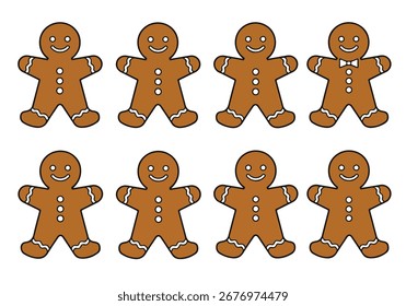 Sammlung von acht lächelnden Lebkuchenmännern mit festlichem Eis und Knöpfen, perfekt für Weihnachten, Feiertage und Wintersaison Designs, einzeln auf weißem Hintergrund.