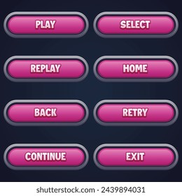 A collection of eight soft pink button designs with various game-related words on a dark background