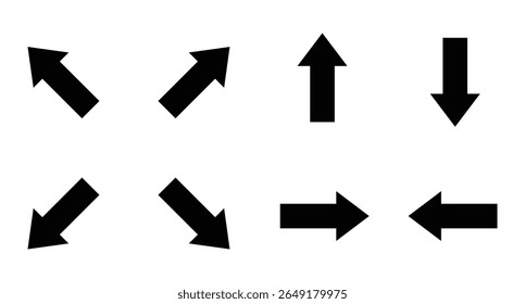 A collection of eight solid black arrows are displayed on a white background, each pointing in a different direction: up, down, left, right, and diagonally.