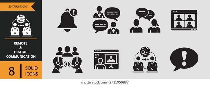 Eine Sammlung von acht durchgezogenen Symbolen, die Remote- und digitale Kommunikationskonzepte darstellen und in einem sauberen, isolierten Format auf weißem Hintergrund präsentiert werden.