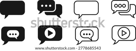 Collection of eight speech bubble icons, including solid and outline styles, with ellipsis and play symbols, for messaging applications.