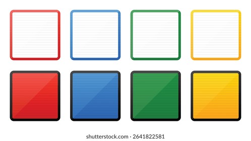 A collection of eight square template frames in vibrant colors. Top row features lined paper, bottom row contains solid blocks of color. A bright visual array.
