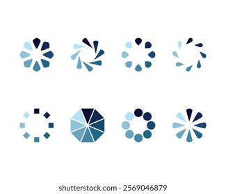 Collection of eight stylish, abstract loading icons in cool blue tones.  Perfect for websites, apps, and presentations needing a modern, clean loading animation graphic.