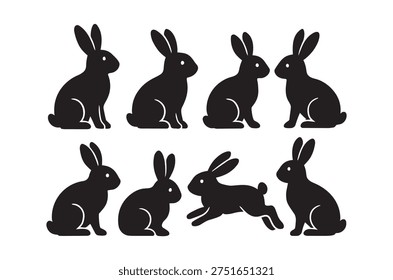 A collection of eight stylized black rabbit silhouettes showcasing different positions and behaviors.