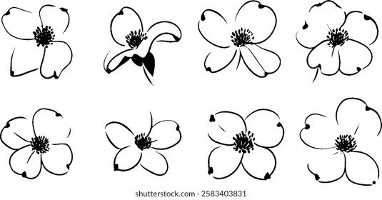 A collection of eight stylized black and white flower illustrations, showcasing various floral designs with delicate petals and intricate details.