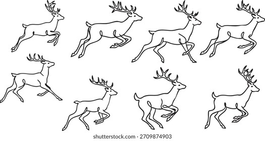 Coleção de oito desenhos estilizados de linhas pretas e brancas representando veados ou veados masculinos em vários estágios de um movimento de corrida ou salto, perfeito para o design gráfico.