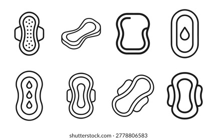 Collection of eight stylized black and white icons representing sanitary pads and feminine hygiene products for women.