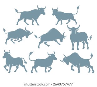 Collection of eight stylized bull silhouettes in various poses, perfect for logos or branding.