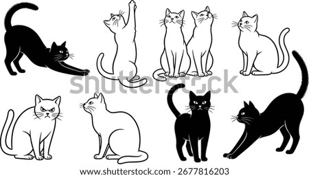 A collection of eight stylized cat illustrations in black and white, depicting various feline poses including stretching, sitting, and looking upwards, with one cat showing an angry expression.