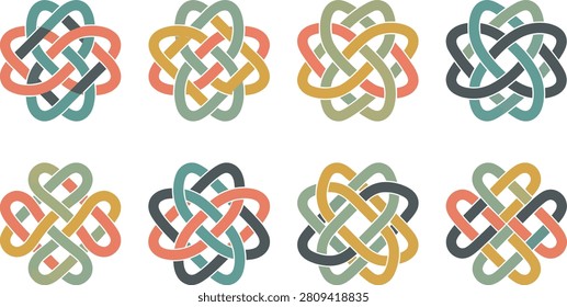 A collection of eight stylized Celtic knot arranged in a 2x4 grid. Each knot is rendered in muted earth tones of coral, teal, sage green, mustard yellow, and charcoal gray against a white background.