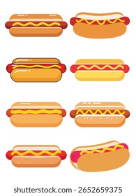 Uma coleção de oito cachorros-quentes estilizados e de design plano, cada um com uma salsicha vermelha em um pão com mostarda amarela ondulada, colocada sobre um fundo branco limpo.