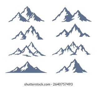 Collection of eight stylized mountain range silhouettes, perfect for logos, branding, or outdoor designs.