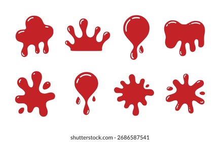 Eine Sammlung von acht stilisierten roten Spritzer und Tropfen, jeweils mit einer einzigartigen organischen Form und glänzendem Finish, einzeln auf weißem Hintergrund.