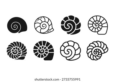 Coleção de oito ícones de conchas em espiral estilizados em arte vetorial em preto e branco.