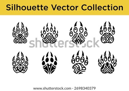 A collection of eight stylized tribal bear paw print vector designs.
