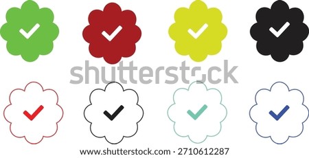 Collection of eight stylized verification badge icons featuring a checkmark symbol in different solid colors like green, red, yellow, and black, plus outline versions.
