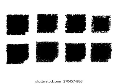 Una colección de ocho rectángulos negros texturizados con bordes ásperos y angustiados sobre un fondo blanco.