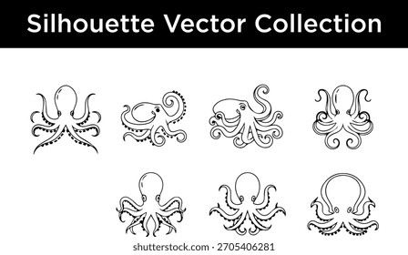 A collection of eight unique black and white vector silhouettes of octopuses, showcasing various poses and styles.