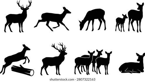 A collection of eight unique deer silhouettes featuring stag, doe, fawn, grazing, resting, jumping, and herd scenes in natural poses. Ideal for wildlife illustrations, hunting themes, nature branding, outdoor signage, educational materials, and commercial vector design projects.