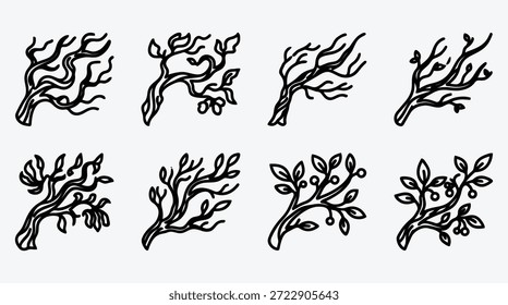 Coleção de oito ramos de árvore desenhados à mão única com folhas e galhos no fundo branco para o design e decoração várias formas orgânicas