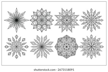 Una colección de ocho copos de nieve únicos. Conjunto de copos de nieve contorno negro aislado en blanco para artesanías, decoraciones o proyectos gráficos de temática invernal. Navidades y decoración de Año Nuevo.