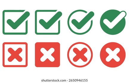 Collection of eight vector icons in green and red. Green check marks are inside a square and circle while red crosses are inside square and circle.