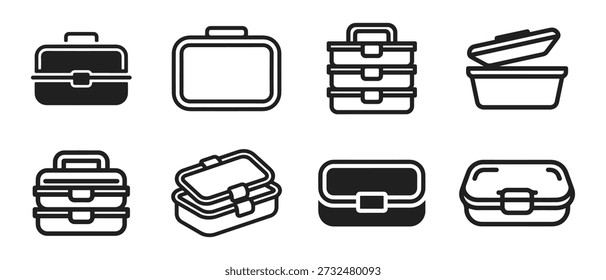 Collection of eight vector icons representing various lunch box and container designs, suitable for graphic design and food-related projects.