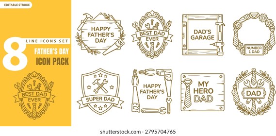 A collection of eight vector line icons celebrating Father’s Day, featuring tools and text elements in a hand-drawn style.