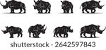 Collection of eight vector rhino silhouettes, isolated on white background. Perfect for logos, designs, and illustrations.