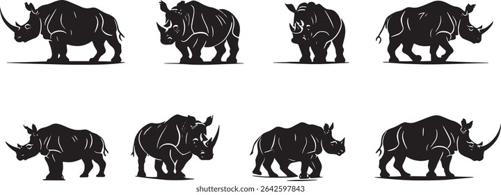 Coleção de oito silhuetas de rinocerontes vetoriais, isoladas sobre fundo branco. Perfeito para logotipos, designs e ilustrações.
