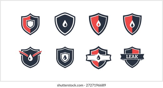 A collection of eight vector shield icons, predominantly in black, red, and white, featuring droplet symbols and various design elements, representing concepts of waterproofing, leak protection, and liquid security.