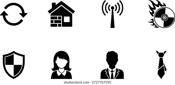 Una colección de ocho iconos de silueta de Vector con varios símbolos de negocios, comunicación y tecnología en negro sobre un fondo blanco