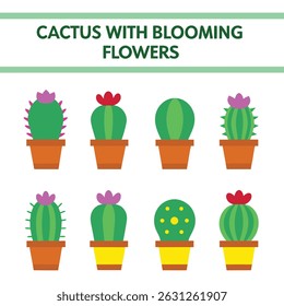 Collection of eight vibrant cactus illustrations in pots, showcasing diverse shapes and blooming flowers in pink and red. Perfect for adding a touch of desert charm to your designs.