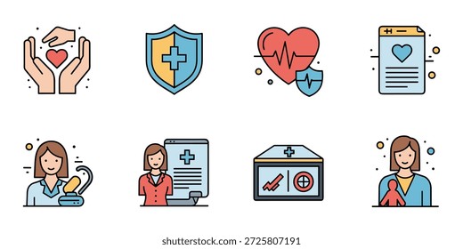 Uma coleção de oito ícones de design plano vibrantes que representam vários aspectos da saúde, seguro médico e cuidados com o paciente, apresentando símbolos como mãos segurando um coração, um escudo médico, um coração com um ECG, um documento de saúde, uma farmacêutica feminina, um profissional médico com um relatório, uma tela de diagnóstico digital e um cuidador com uma criança.   